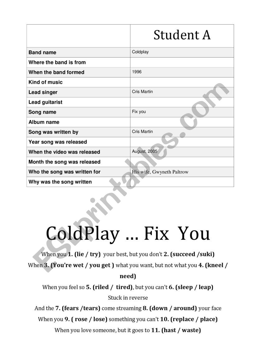 ColdPlay  Fix  You worksheet