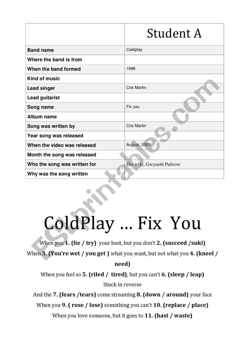ColdPlay â€¦ Fix  You worksheet
