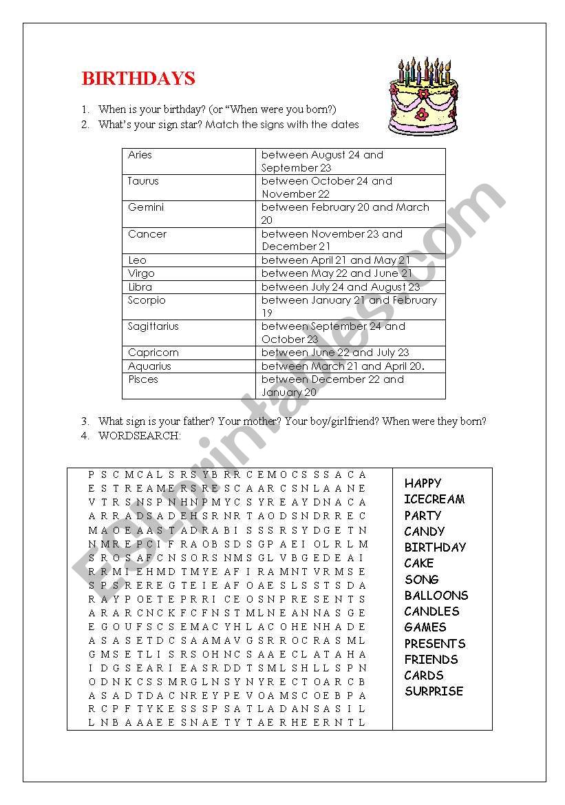 BIRTHDAYS worksheet