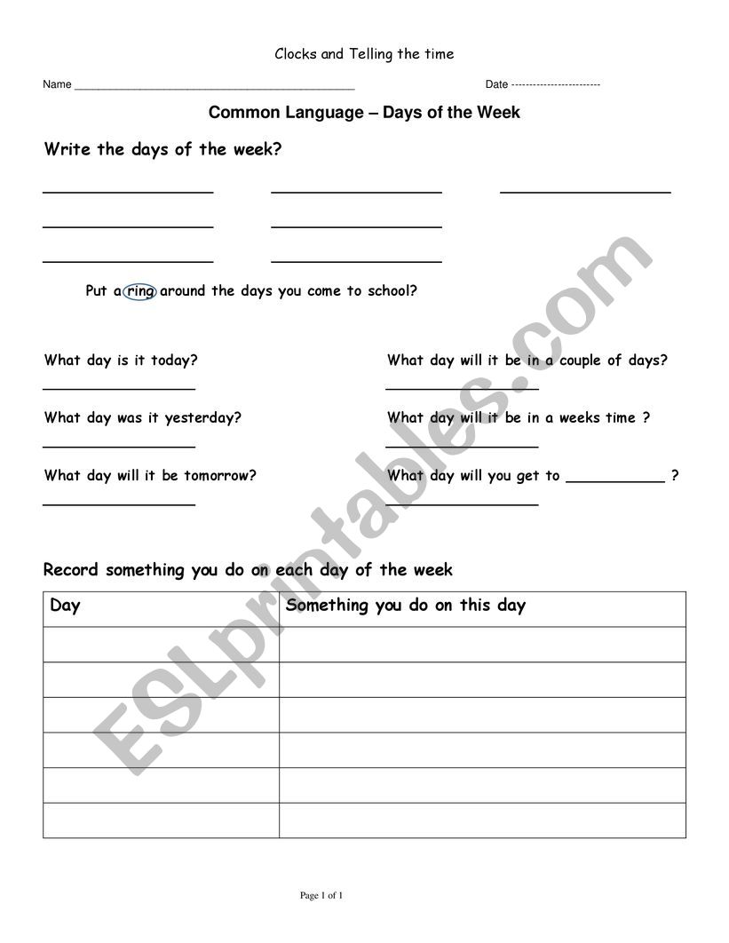 Days of the Week  worksheet