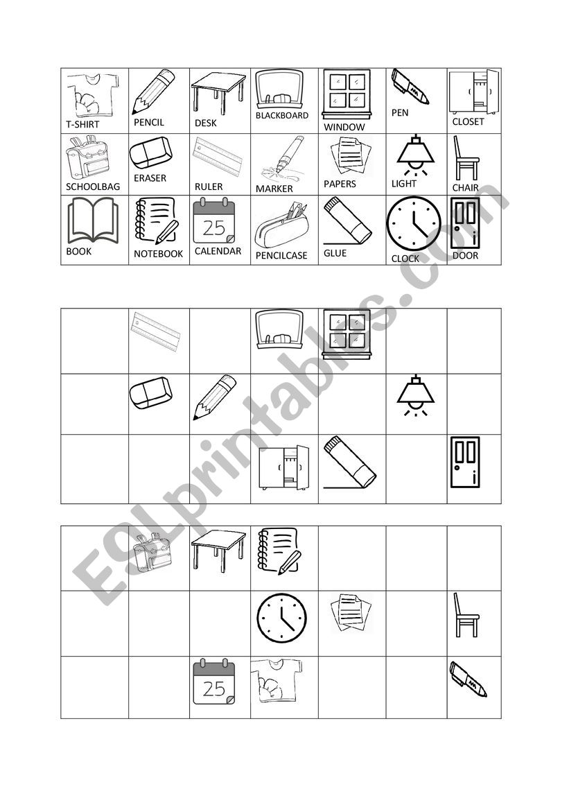 School supplies bingo worksheet