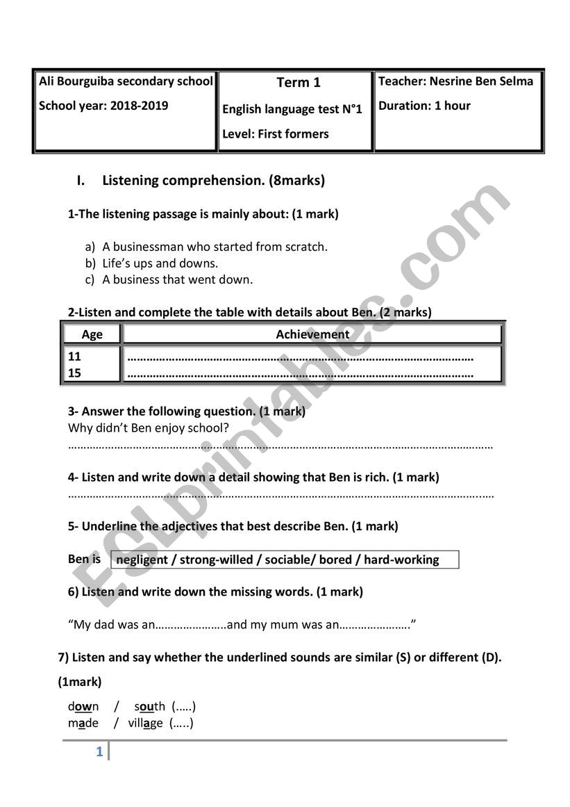 mid term test N1 worksheet