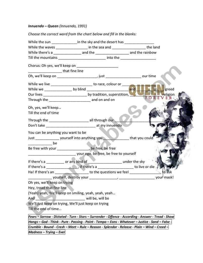 Innuendo by Queen Worksheet worksheet