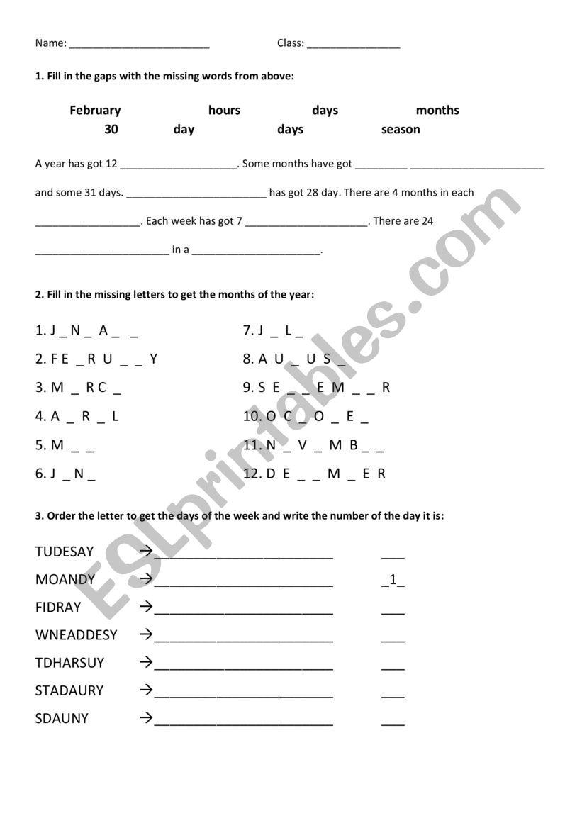 Days-months-seasons worksheet worksheet