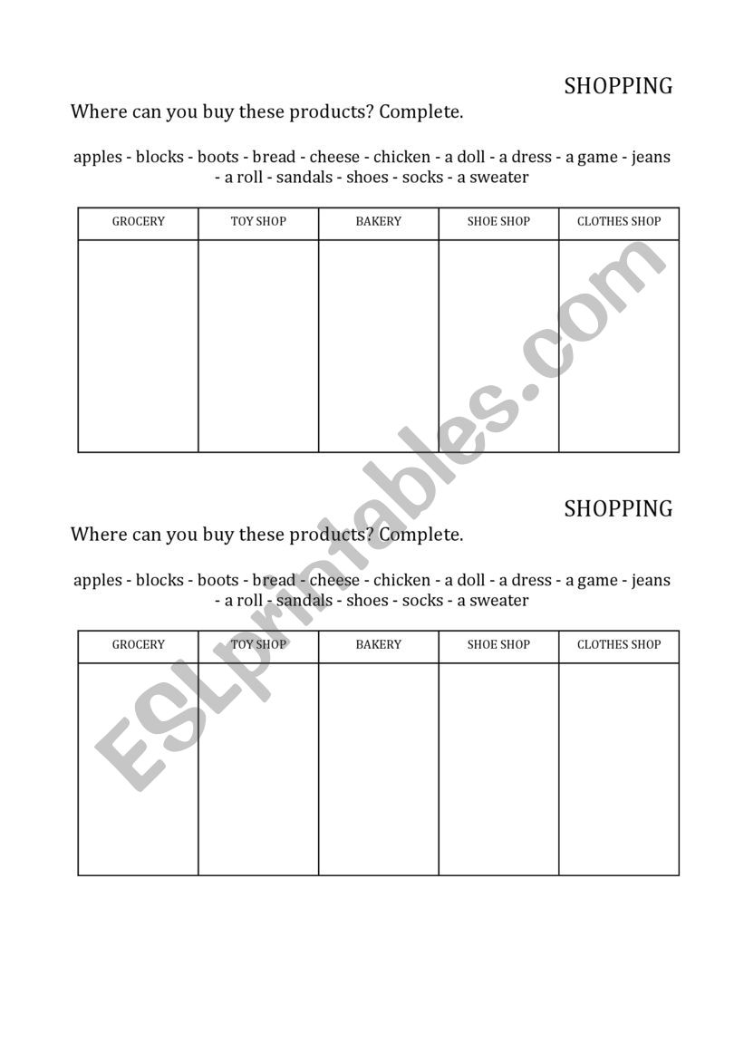 shopping worksheet