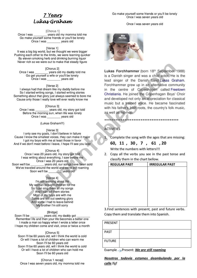 7 Years song by Lukas Graham worksheet