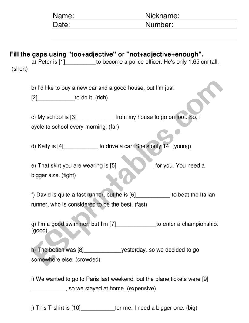 Not enough Vs Too worksheet