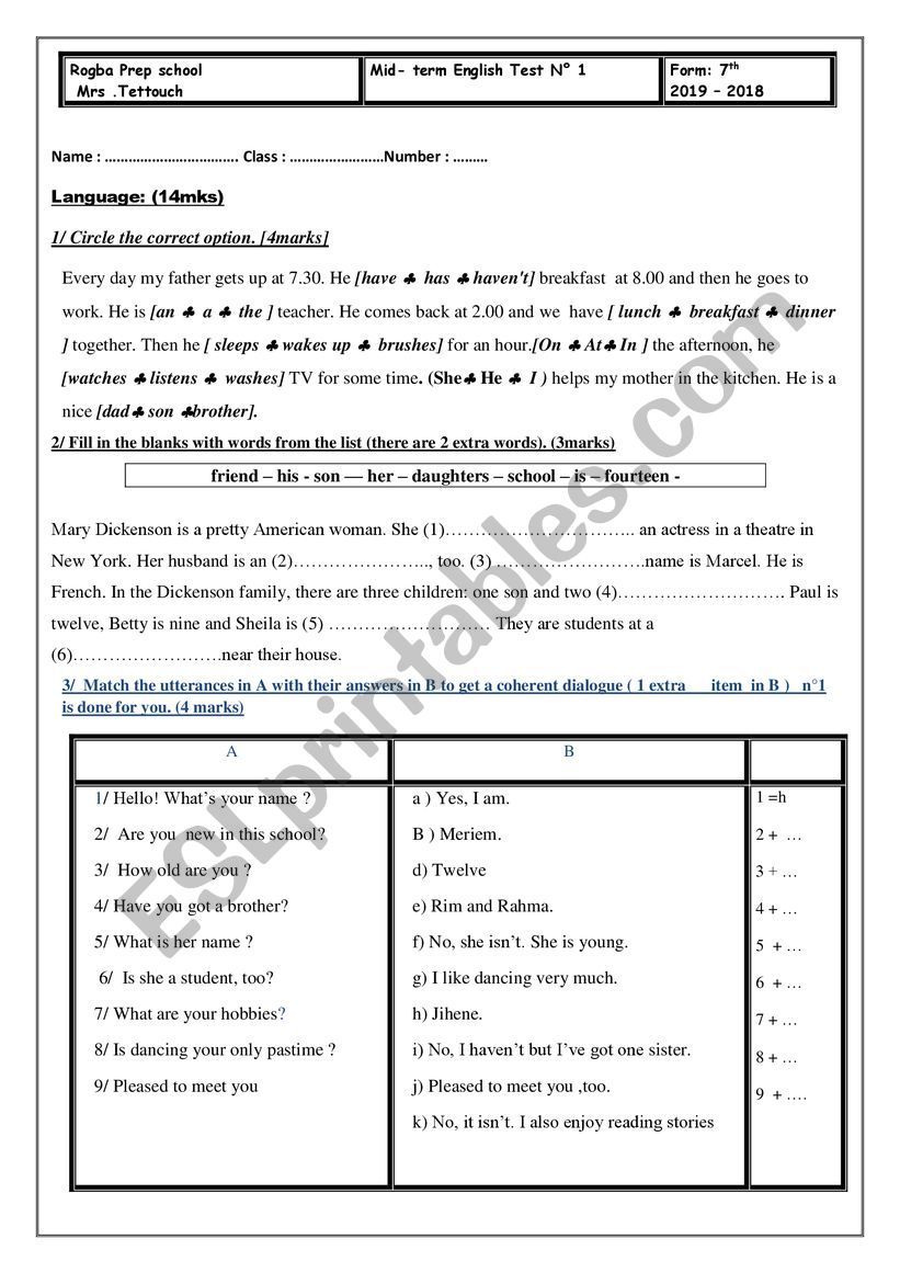 mid-term test n1 worksheet