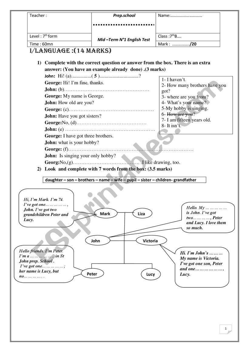 Mid -term Test N 1 ( 7 th from)