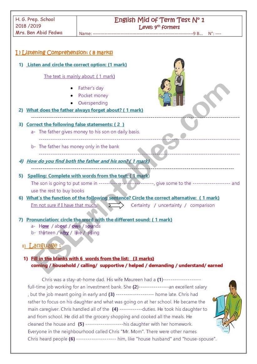Test Mid of Term 1 9th form worksheet