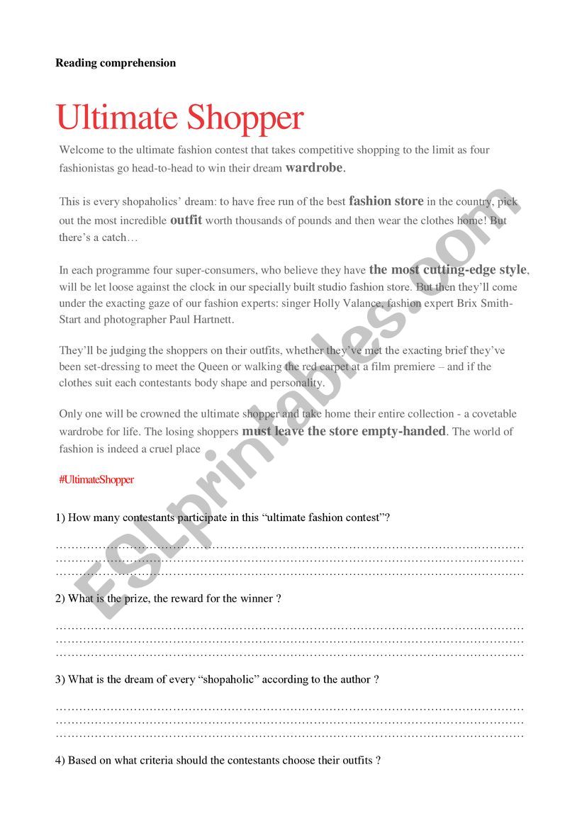 Ultimate shopper worksheet