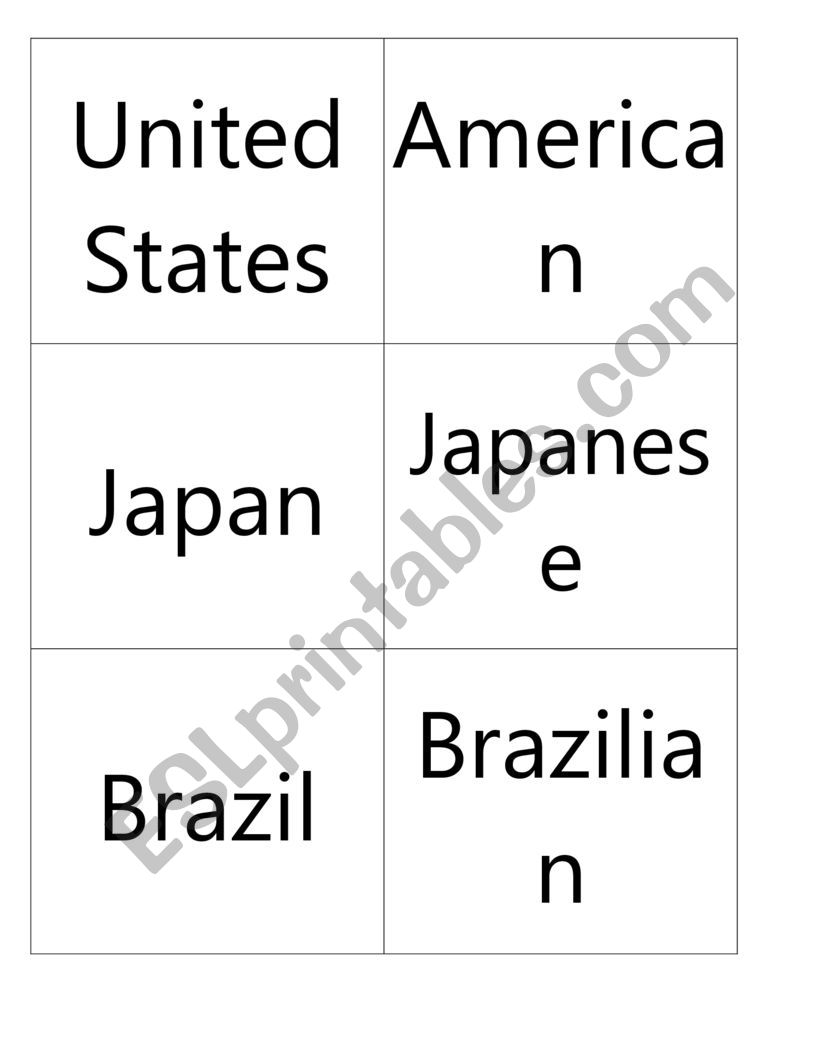 Nationalities memory cards worksheet