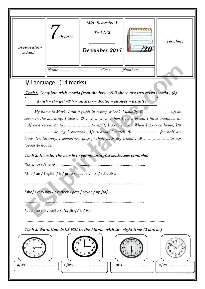 Mid -Semester 1 Test N  2 worksheet