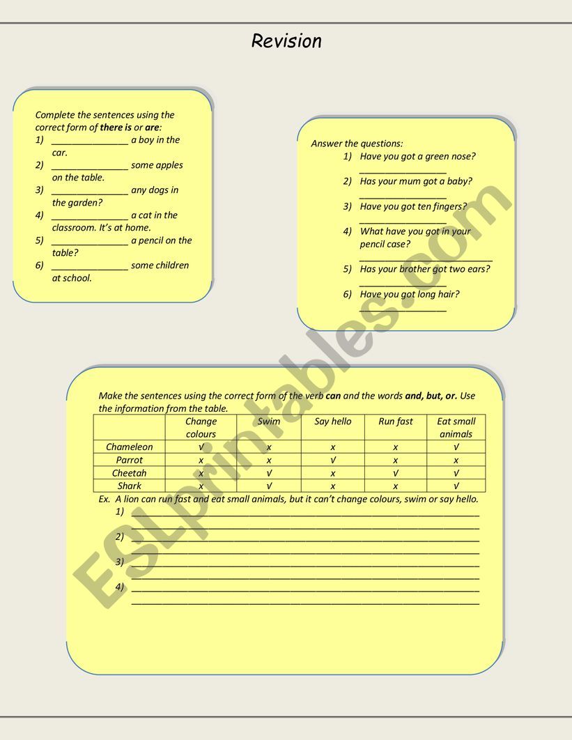 Revision of there is/are, have got and can