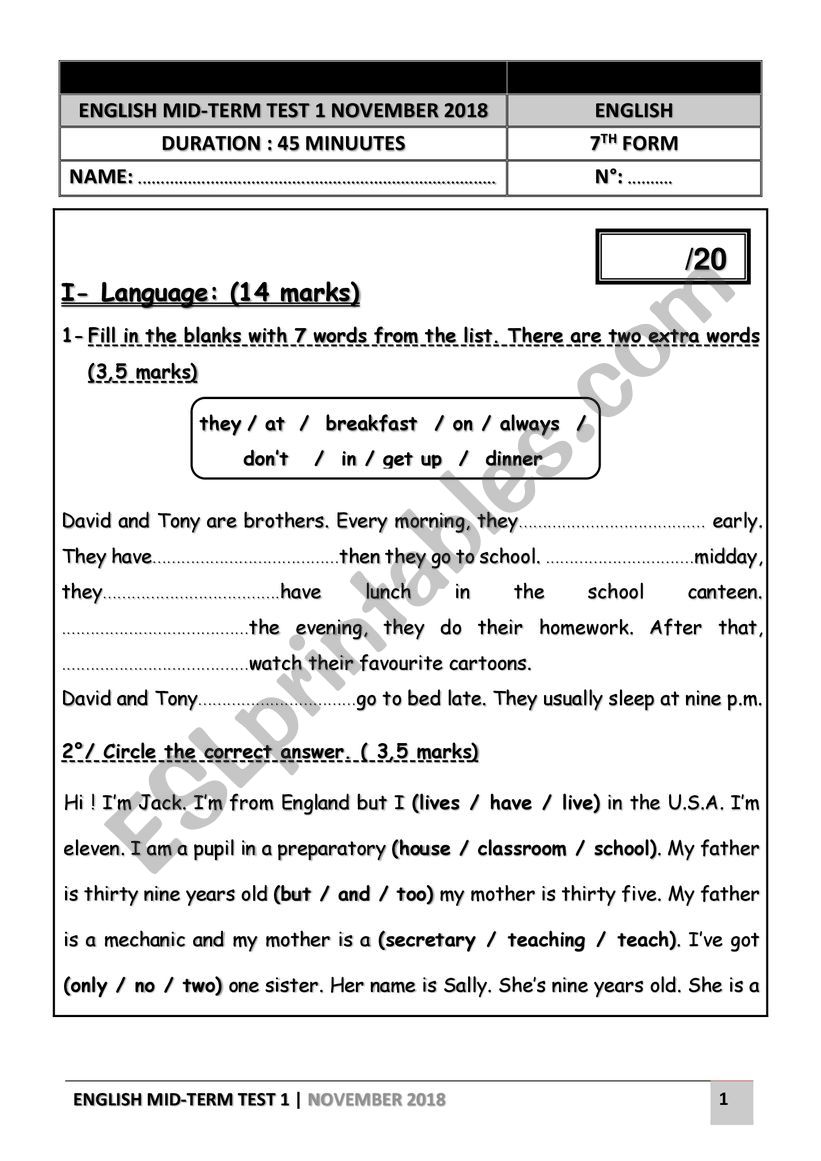 ENGLISH MID TERM TEST NOV 2018