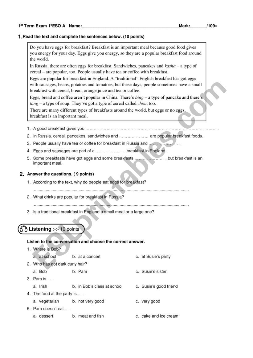 RealEnglish1ESO 1sttermTEST worksheet