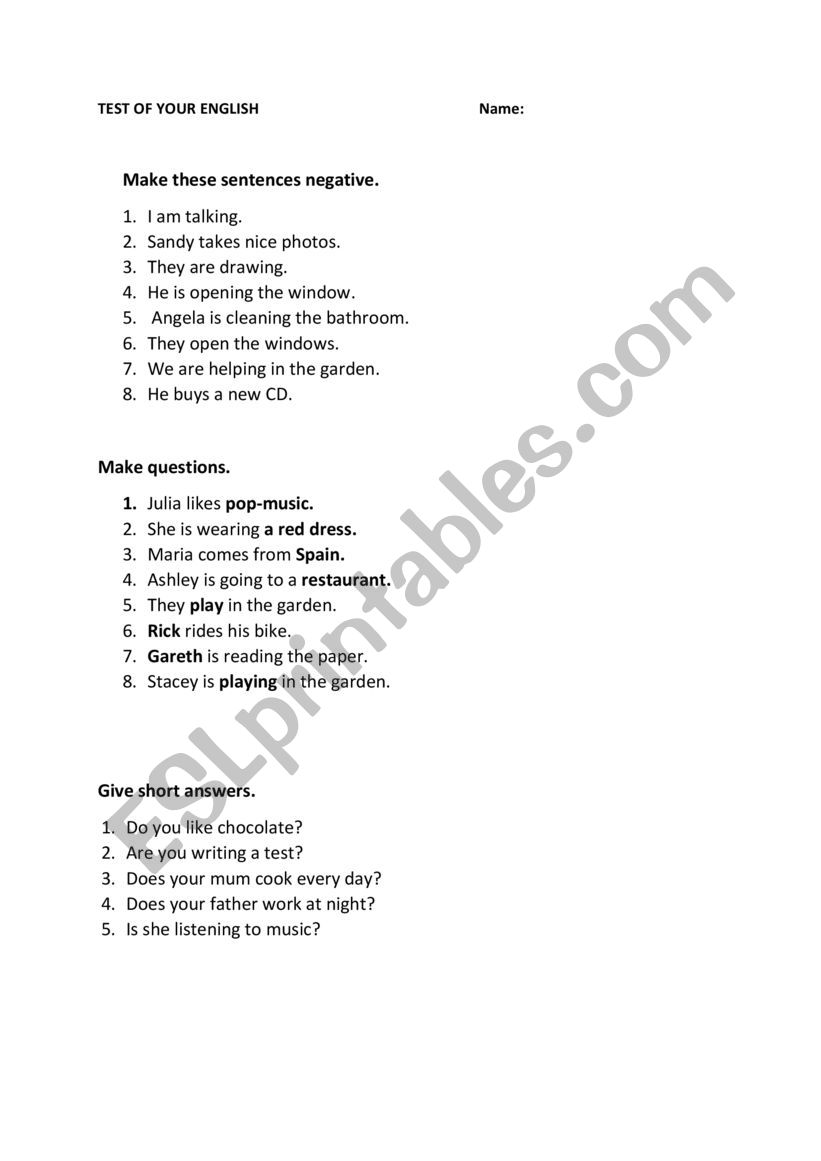 Past Simple, grammar test worksheet