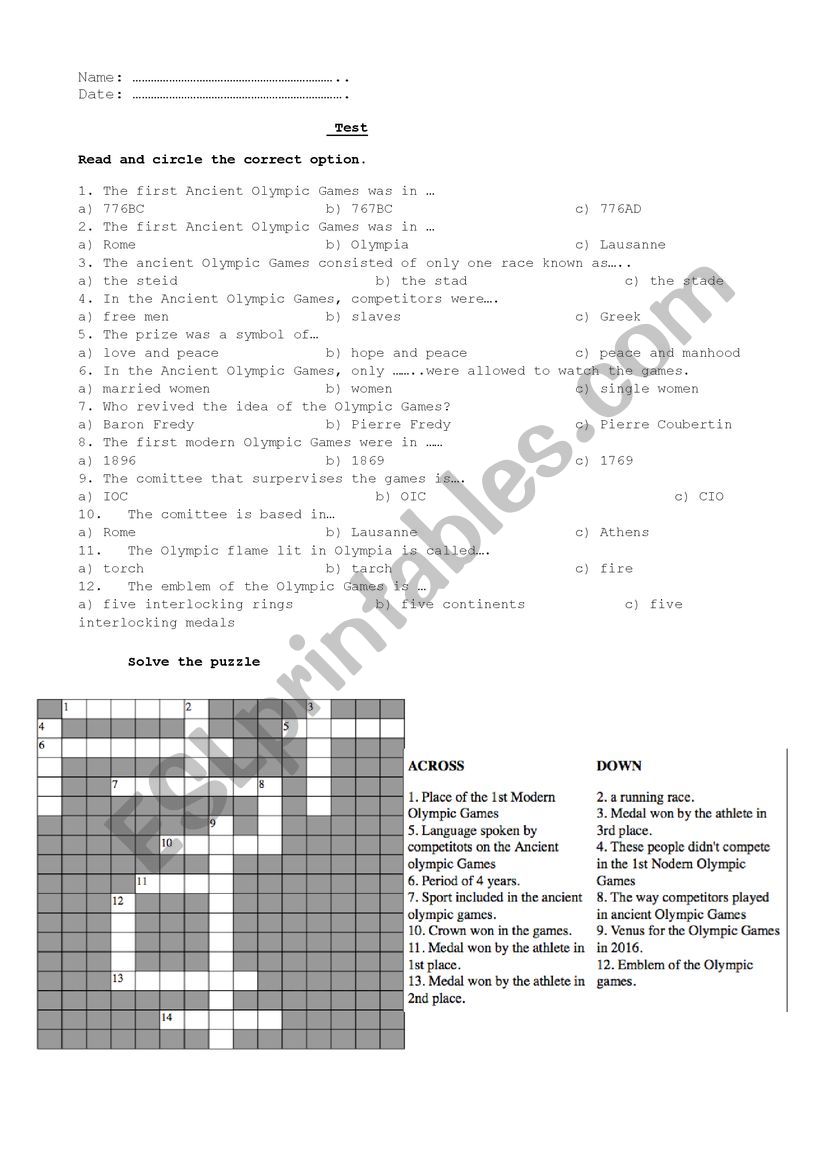ancient Olympic games worksheet