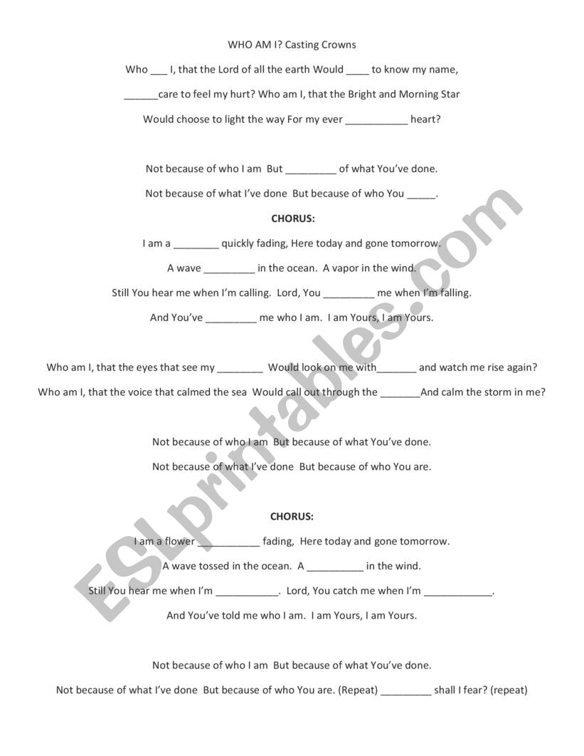 Who am I? Casting Crowns worksheet