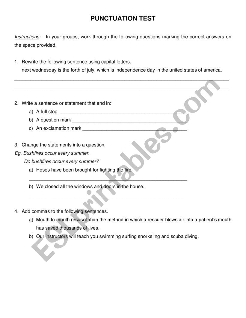 Punctuation activity or test worksheet