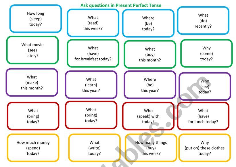 wh-questions speaking cards in Present Perfect Tense