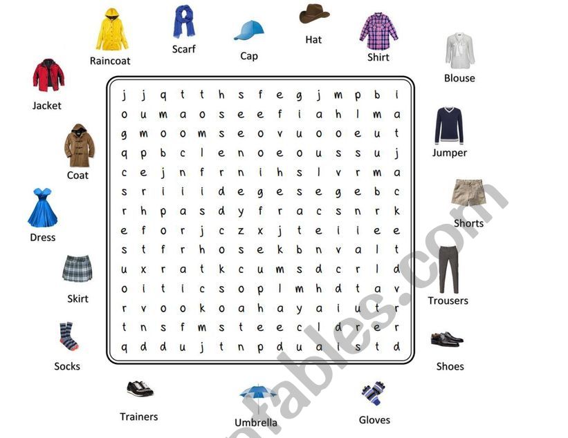 Clothes word search worksheet