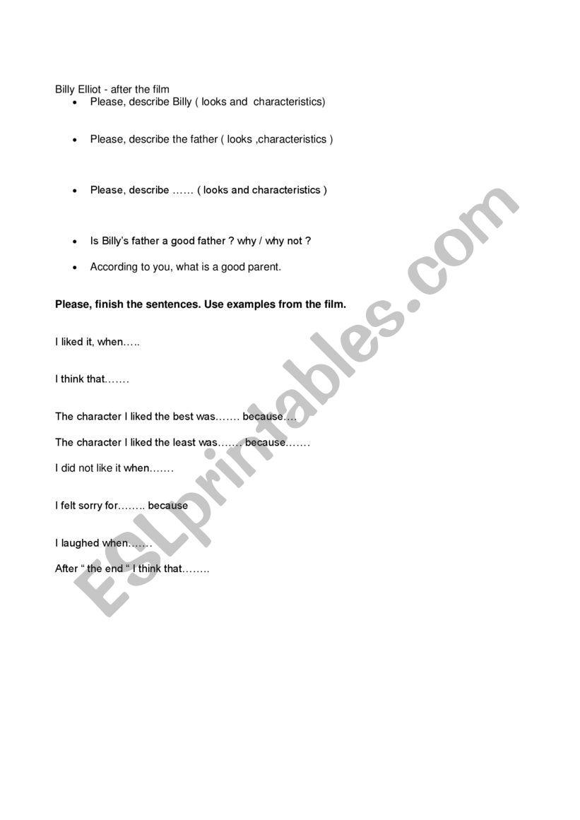 Billy Elliot - after the film worksheet