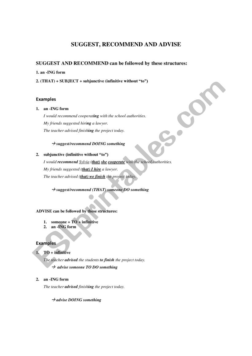 recommend, suggest and advise worksheet