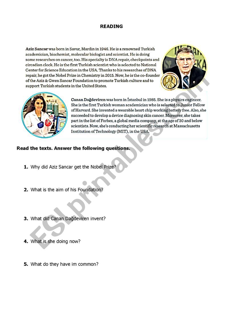 Reading comprehension worksheet about science