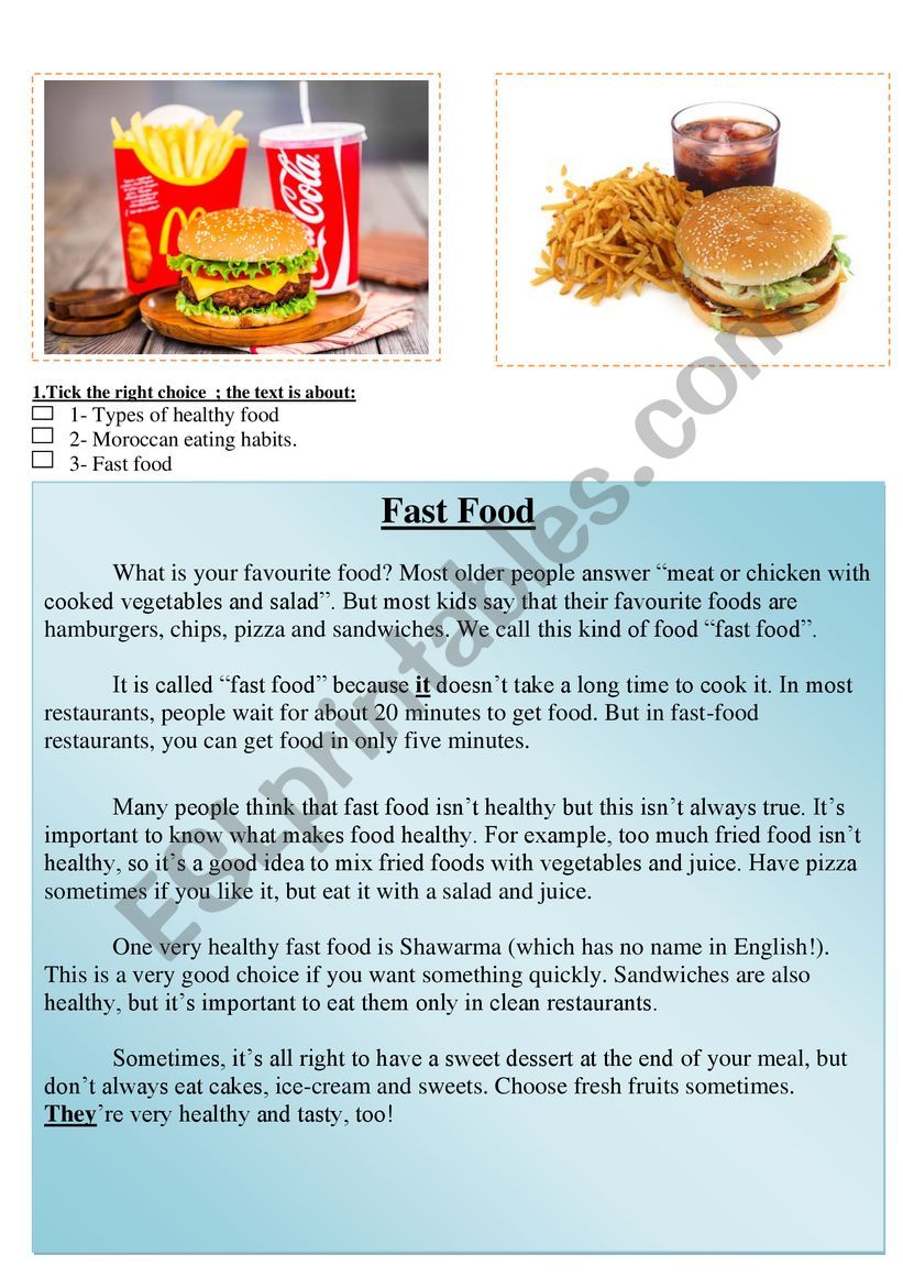 fast food reading comprehension healthy food 