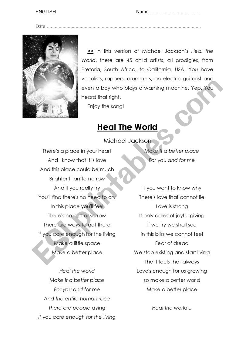 Heal the world worksheet