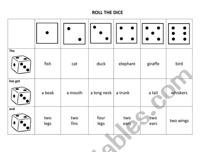 ROLL THE DICE GAME worksheet.