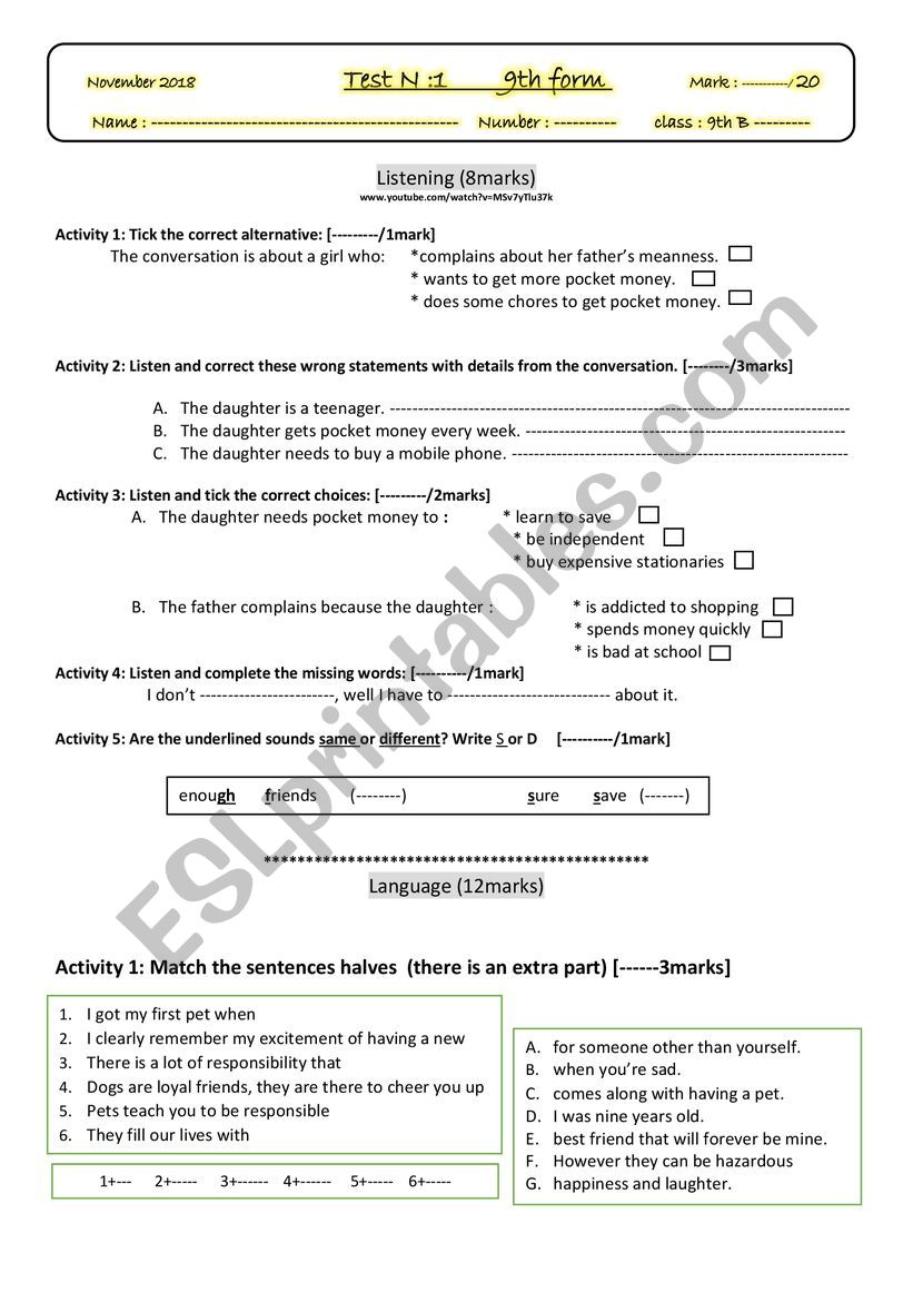 test 1 9th form worksheet