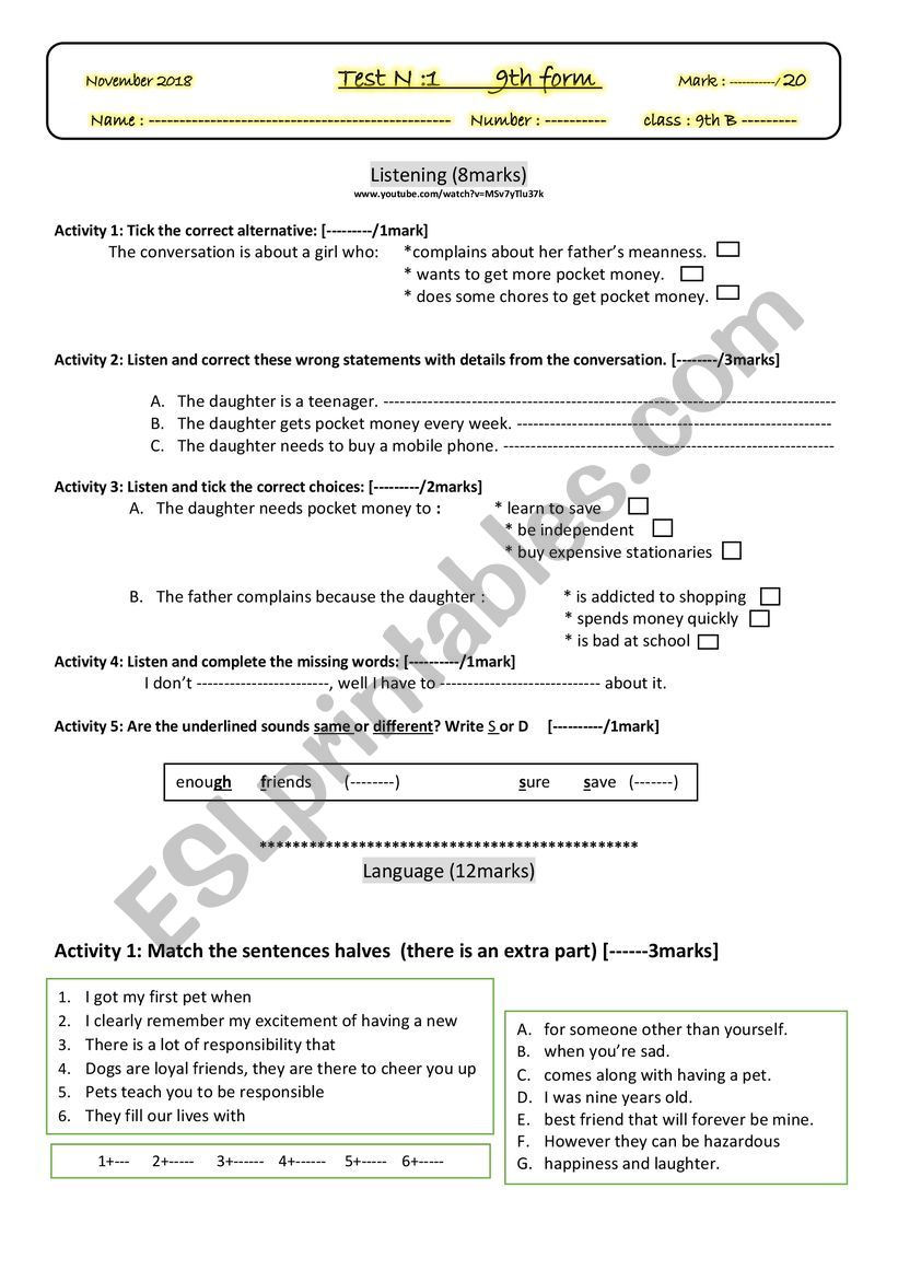 test 1 9th form worksheet