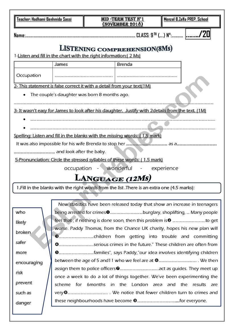 mid term test 1  NOVEMBER 9th form 