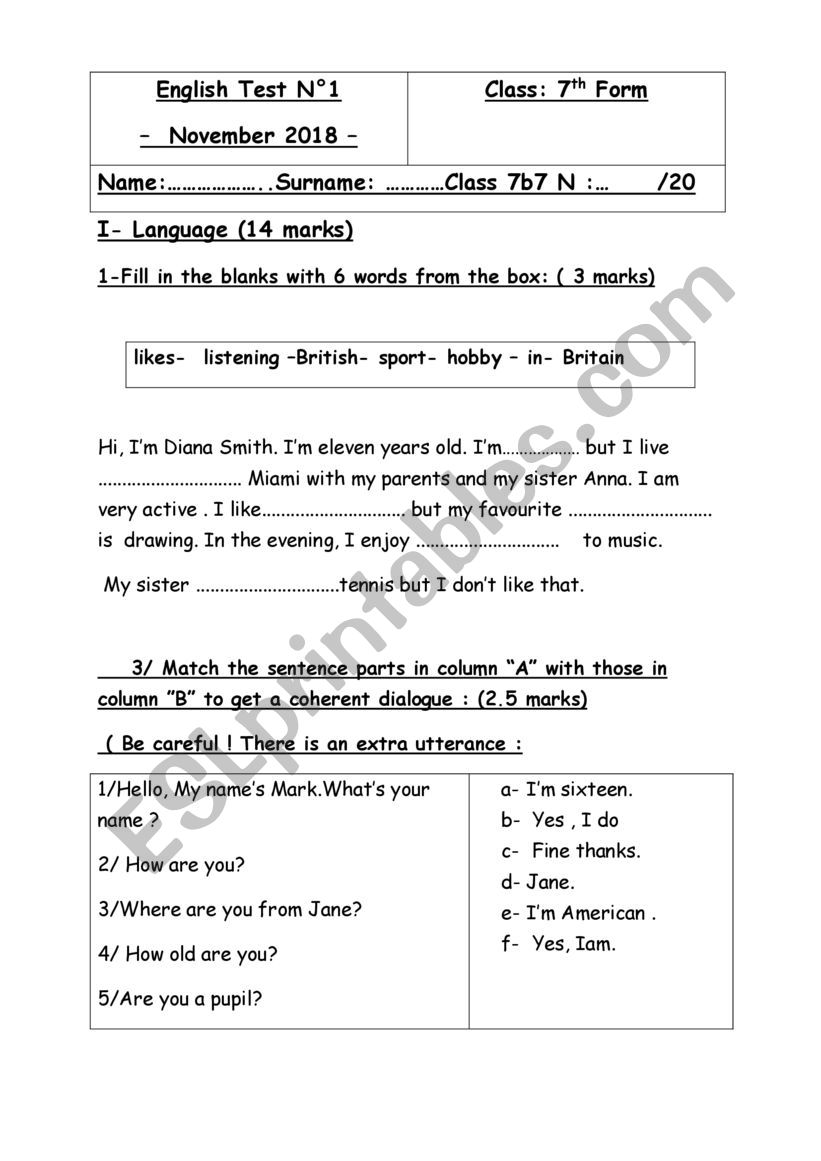 language test 7th form worksheet