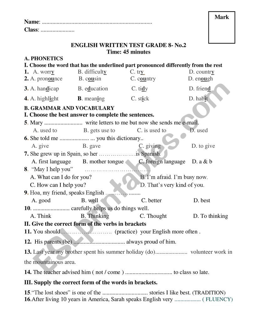 test worksheet