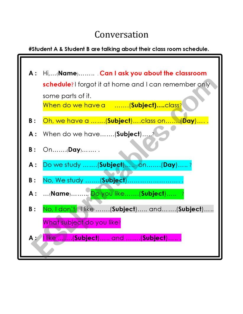 What subject do you like? worksheet