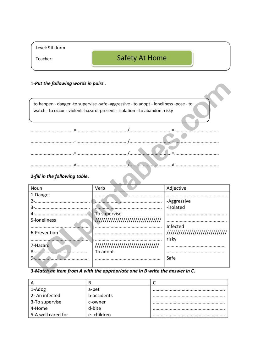 Safety at home worksheet