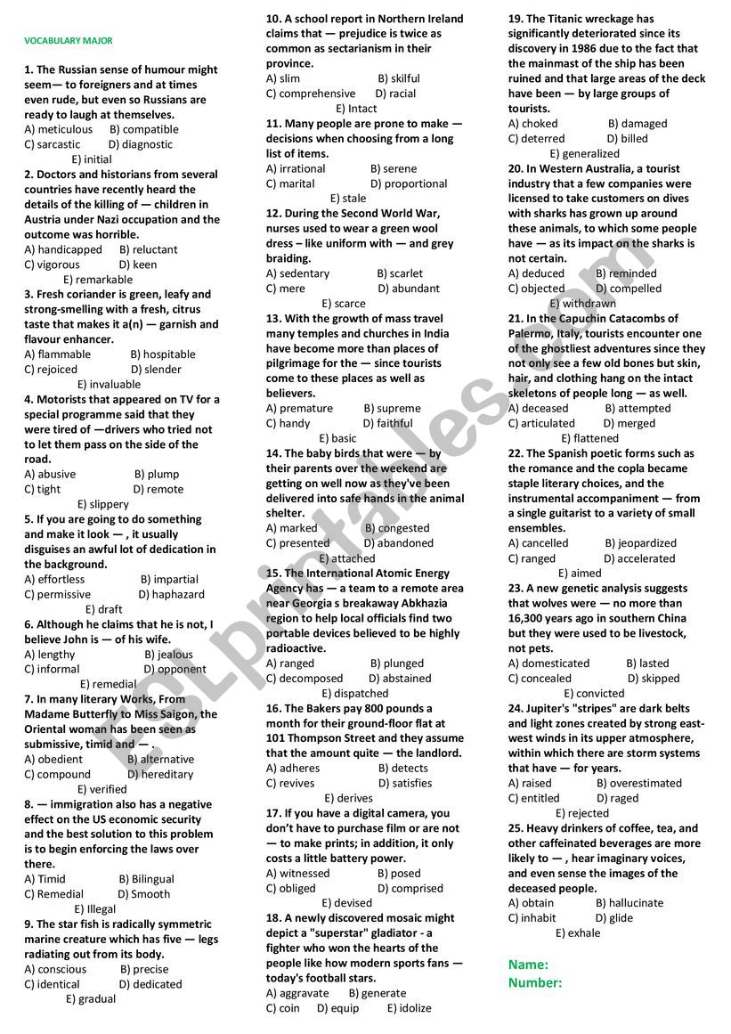 Vocabulary Major Test 1 worksheet