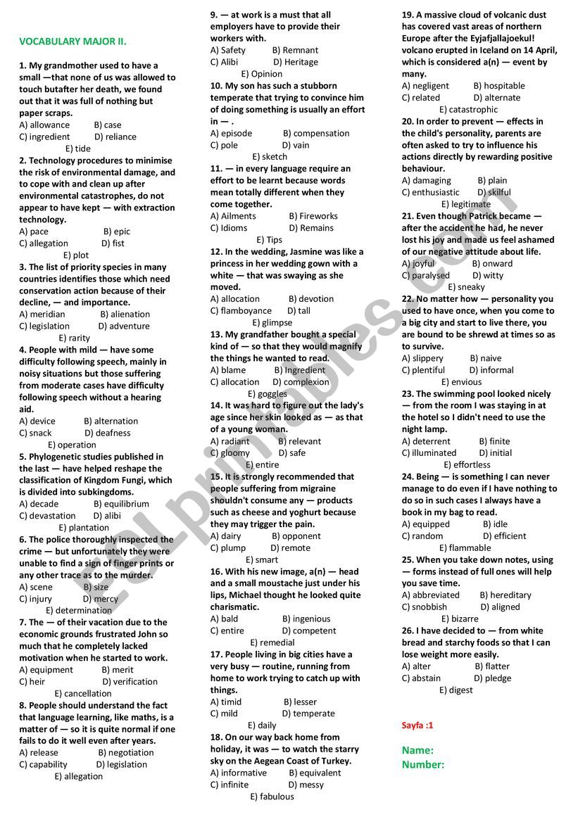 Advanced vocabulary Test 2 worksheet