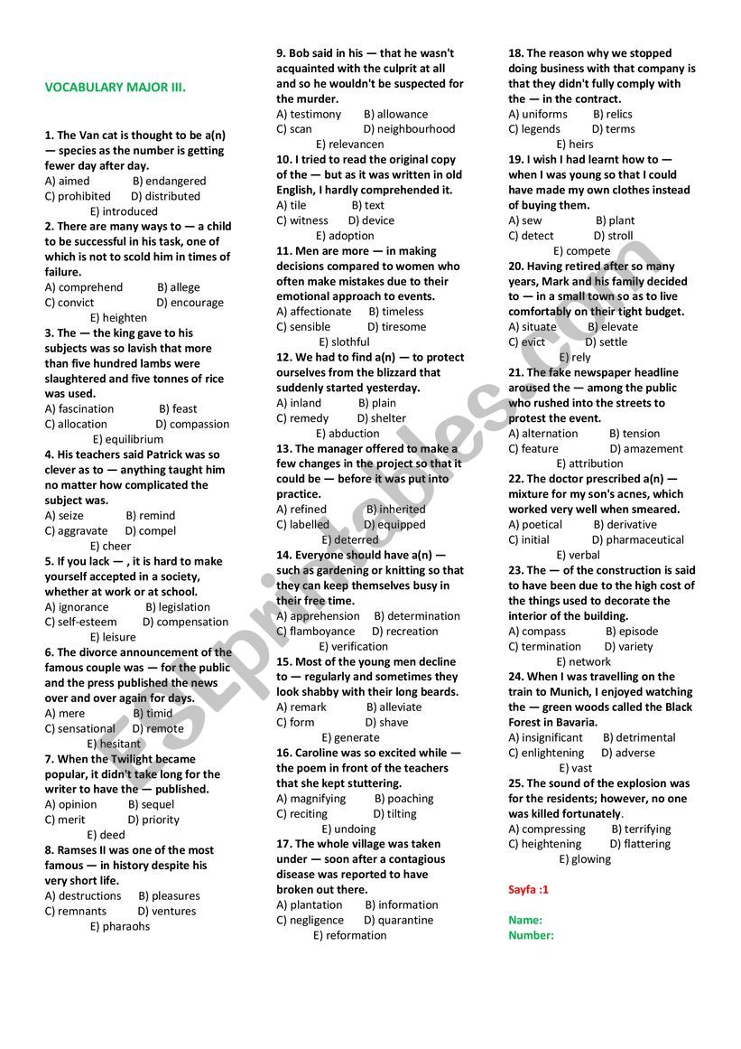 Advanced vocabulary Test 3 worksheet