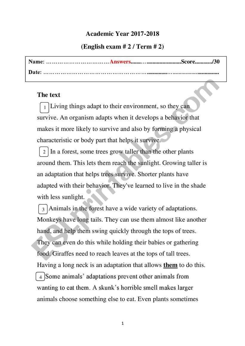 English exam with answers worksheet