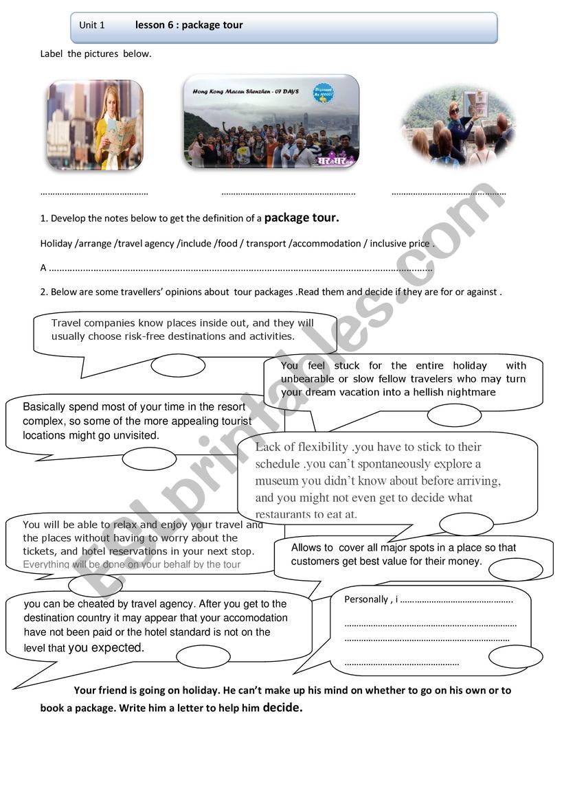 pachage holiday  worksheet