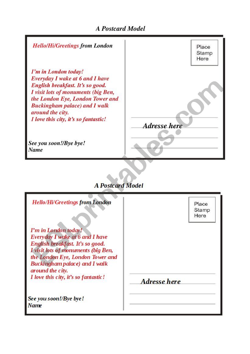 Postcard Model worksheet