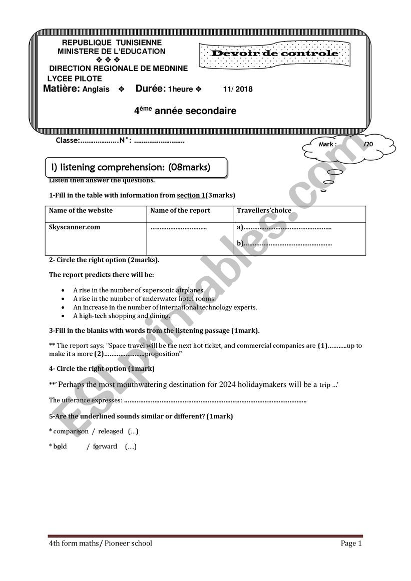 bac mid term test 1 worksheet