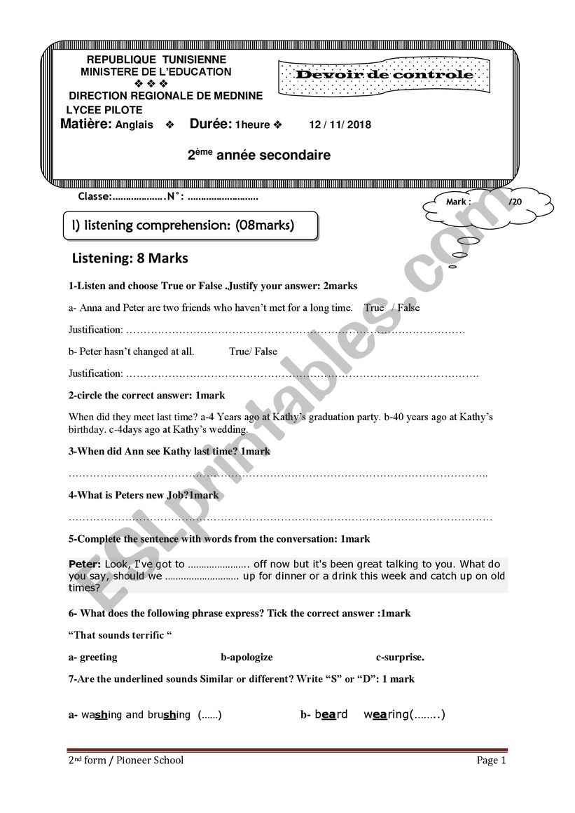 2nd form mid term test1 worksheet
