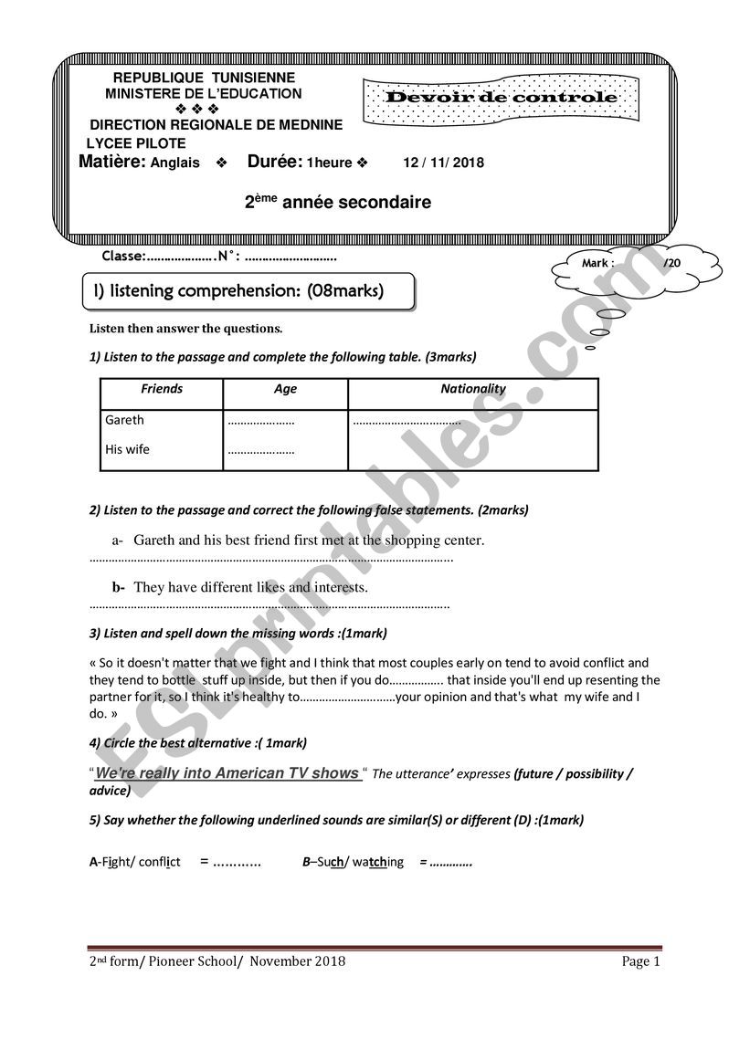 2nd form mid term test 1 worksheet