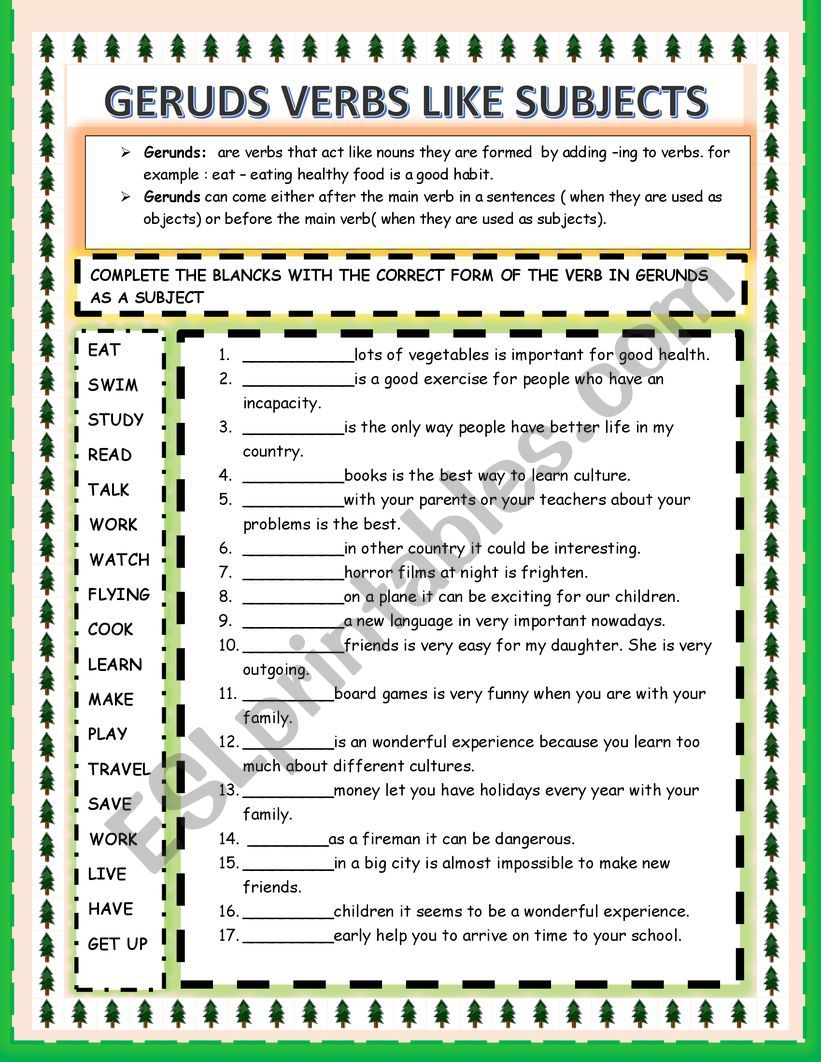 Gerunds as a subject  worksheet