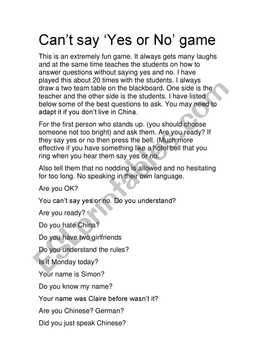 Cant say Yes or No game worksheet